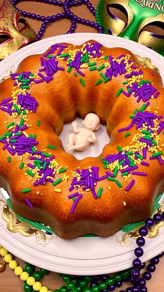 Bread Machine King Cake Recipe A festive King Cake decorated with colored sugar, served on a platter with Mardi Gras decorations.